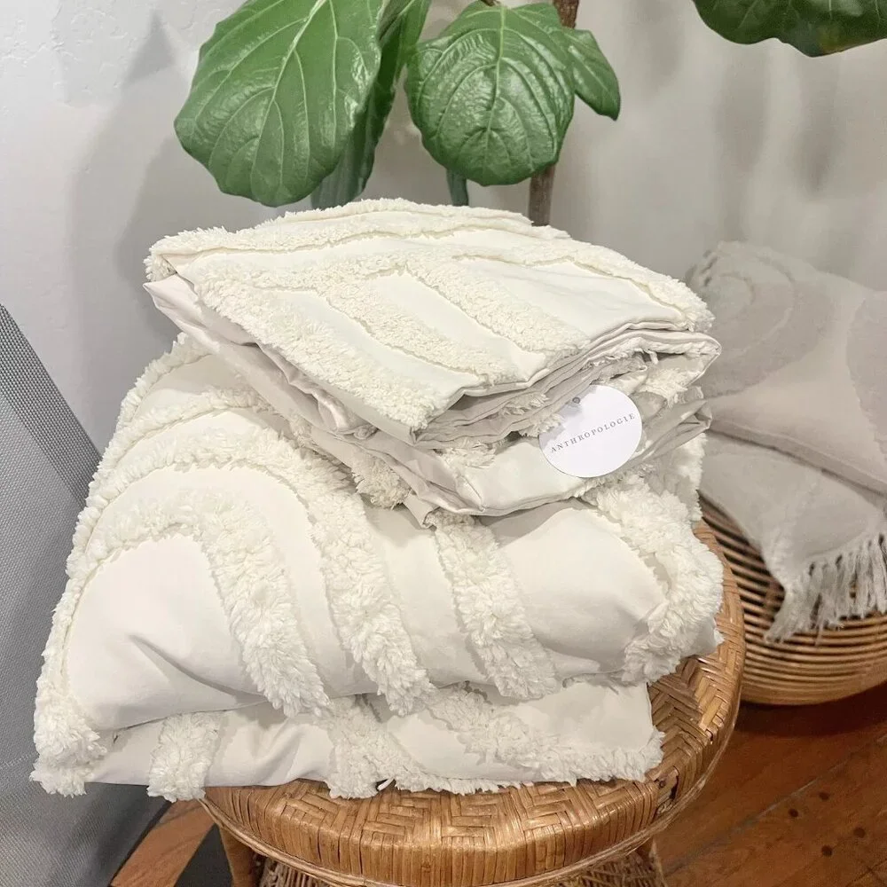NEW Anthro Beige Boho Queen Size Rainbow Tufted Abstract Bedding Duvet Sham Set